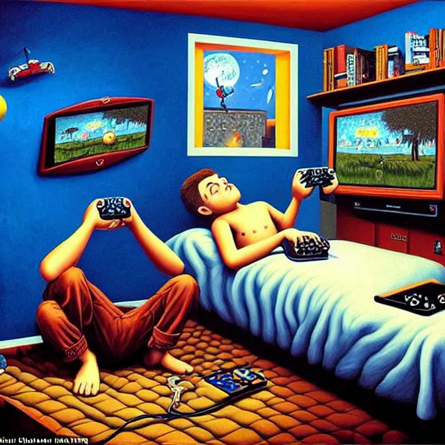 Image similar to an oil on canvas portrait of a teenager in his room playing videogames and watch television, surrealism, surrealist, cosmic horror, rob gonsalves, high detail