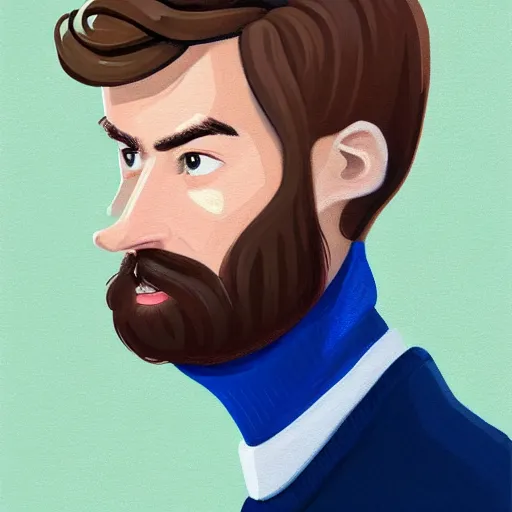 Image similar to gangly man with shortlight brown wavy hair, light brown short beard, no mustache, English heritage, blue eyes, middle aged, wearing a turtleneck and jacket, pale skin, narrow face, digital art, painterly, cartoon, cute, 8k, illustration, art by loish, painterly, trending on artstation, medium shot, uncropped