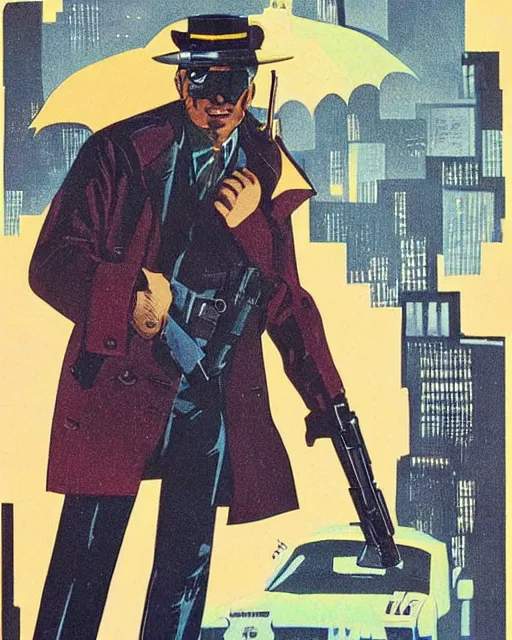 Prompt: detective with gun, wearing trenchcoat, 1 9 7 0 s los angeles, rainy, artwork by frank miller