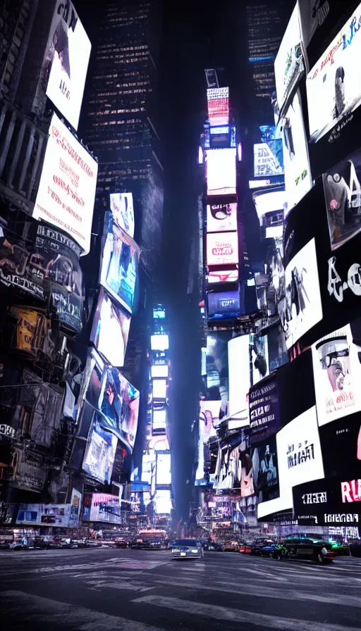 Image similar to 8k high resolution photograph of cyber punk New York Times Square on a foggy night, futuristic, wires hanging across the street, flying cars