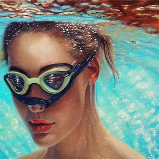 Prompt: hyperrealism oil painting, fashion model portrait underwater, swimming goggles