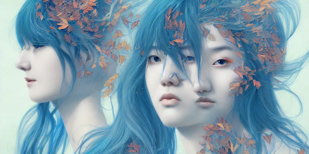 Image similar to breathtaking detailed concept art painting pattern of blue hair faces goddesses amalgamation autumn leaves with anxious piercing eyes, by hsiao - ron cheng and james jean, pastel colors, bizarre compositions, exquisite detail, 8 k