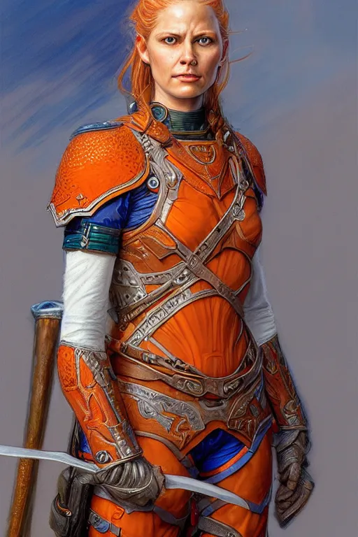 Prompt: full - body portrait of a ranger, female, white and orange breastplate, magical, high fantasy, d & d, by donato giancola, face details, extremely detailed, digital illustration