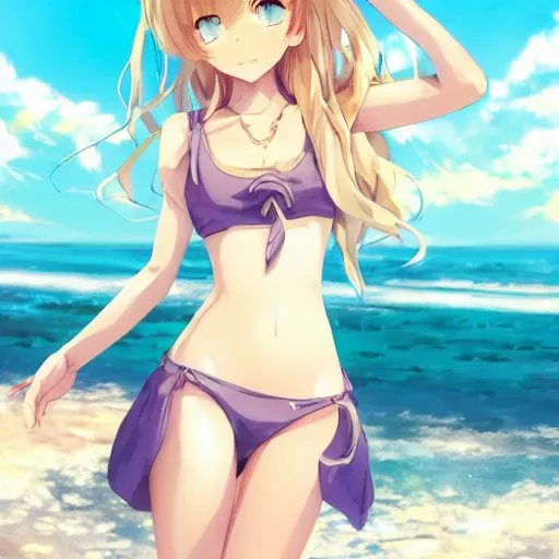 Image similar to a very beautiful anime girl, full body, long golden hair, sky blue eyes, full round face, short smile, short jeans, cute top, beach setting, cinematic lighting, medium shot, mid-shot, highly detailed, trending on Artstation, Unreal Engine 4k, cinematic wallpaper by Stanley Artgerm Lau, WLOP, Rossdraws, James Jean, Andrei Riabovitchev, Marc Simonetti, and Sakimichan