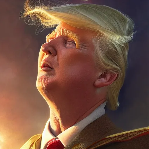 Image similar to donald trump as a heavenly god, upper body, muscular, fantasy, intricate, elegant, highly detailed, digital painting, artstation, concept art, smooth, sharp focus, illustration, art by artgerm and greg rutkowski and alphonse mucha