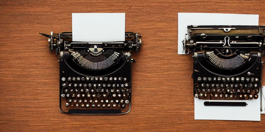 Image similar to an old detailed top - down photograph of an old typewriter on a table, paper, pen, warm night light, 8 k