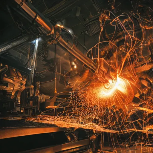 Prompt: oversized mokey wrench, tangles of metallic cables, dark messy smoke - filled cluttered workshop, dark, dramatic lighting, orange tint, sparks, plasma charges, cinematic, highly detailed, sci - fi, futuristic, movie still