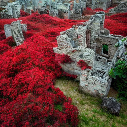 Prompt: the ruins of a village made out of stone, overgrown with red vines