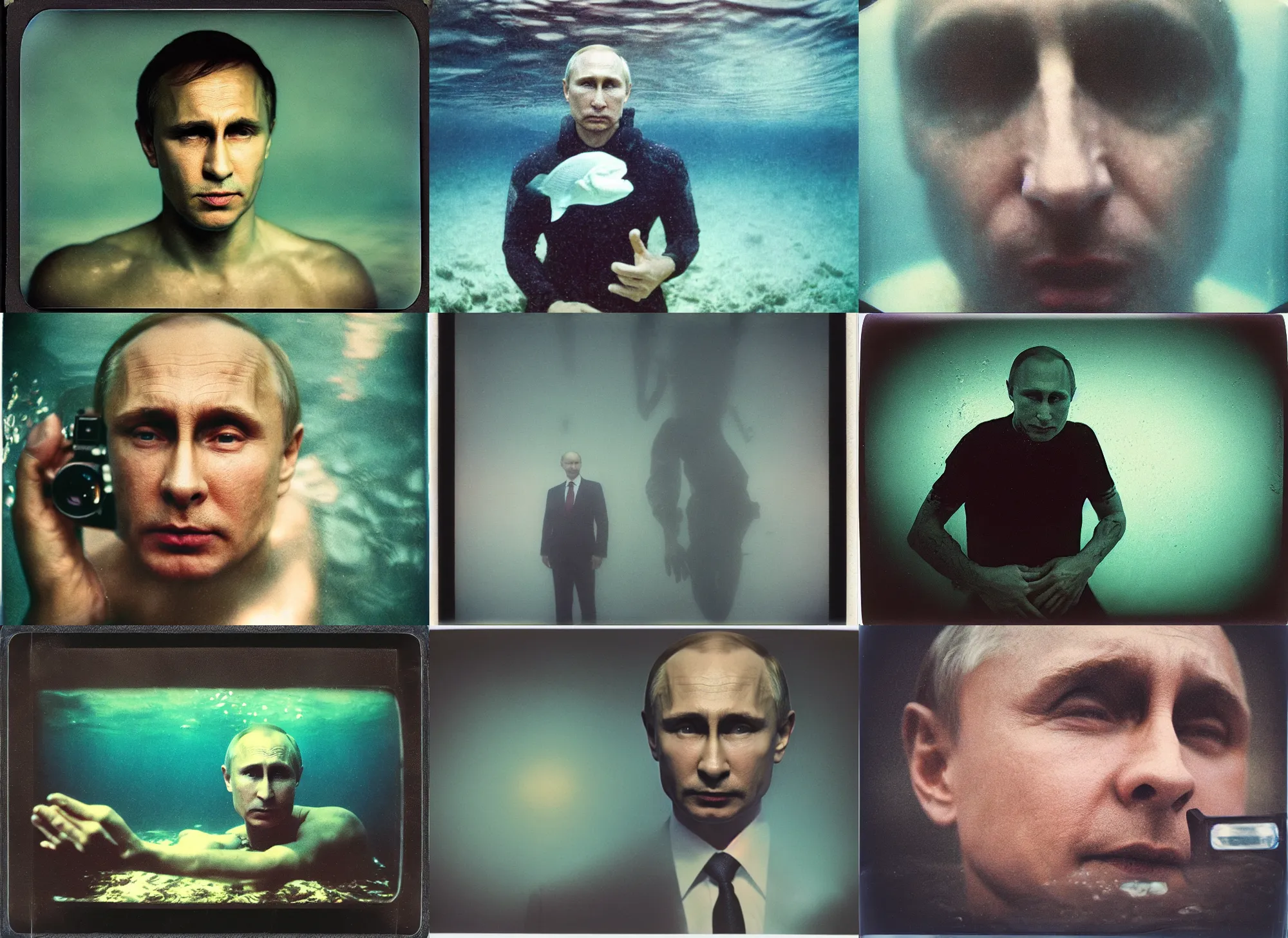 Prompt: close up of vladimir putin standing still, underwater polaroid photo, vintage, neutral colors, underwater, by shawn heinrichs and gregory crewdson