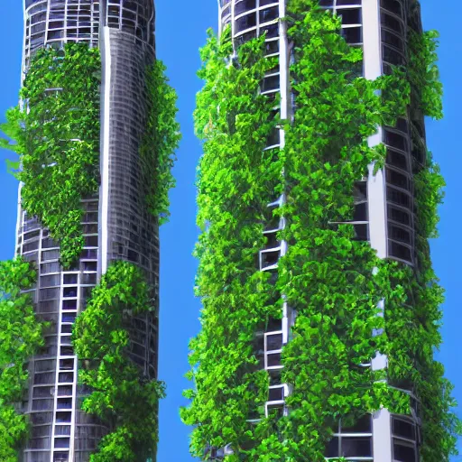 Image similar to Two futuristic towers with a skybridge covered in lush foliage, digital art