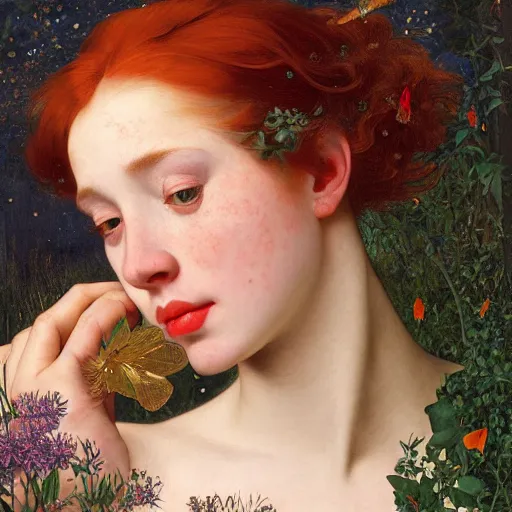 Image similar to a highly detailed portrait of a red haired young woman, among golden fireflies and nature, by night, green eyes, round gentle face, hint of freckles, cheeky smile with red lips, deep focus, smooth, sharp, golden ratio, elegant, digital painting by artemisia lomi gentileschi, caravaggio, artgerm, alphonse mucha