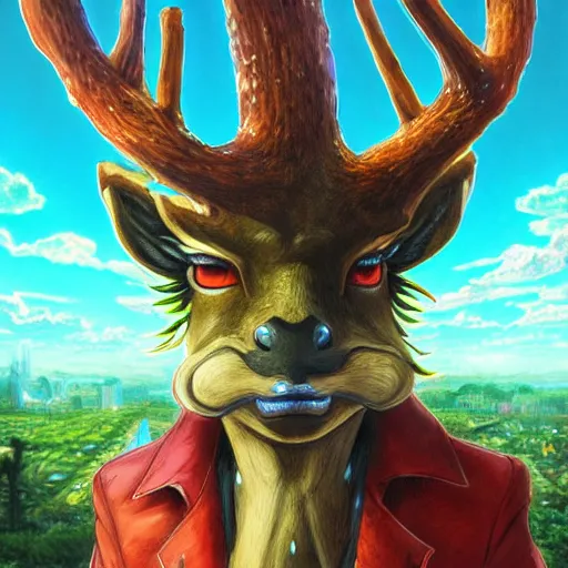 Image similar to anime 4 k headshot portrait of a psychedelic demonic anthropomorphic deer with mushroom themed clothes, magic mushroom village in background by jeff easley, award winning, stylized neon, post - processing, masterpiece, superb resolution. in the art style of junji ito and greg rutkowski. detailed mushroom city in background. hyper realistic anime. perfect art. dalle 2