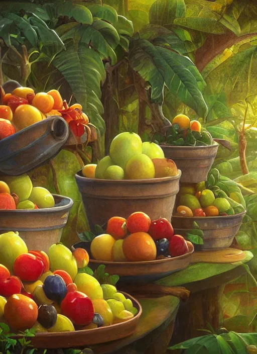 Prompt: a beautiful painting of pots filled with fruits and food in the jungle, close up, abundance, art by christophe vacher