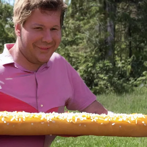 Prompt: man eating a ten foot long hotdog