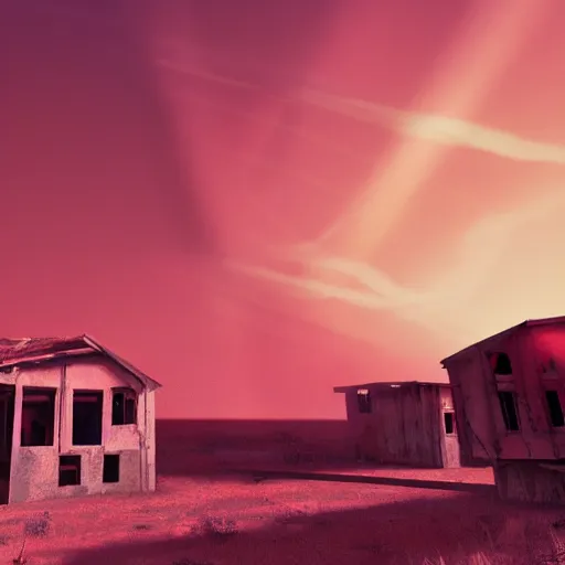 Image similar to photo of abandoned town, red sky, glowing red sun, concept art