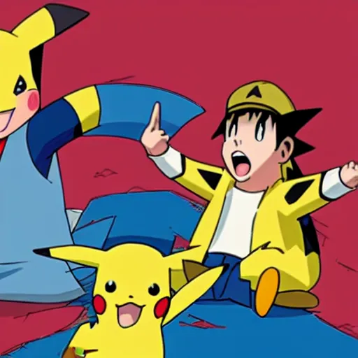 Prompt: pikachu and ash ketchum having a pillow fight, anime