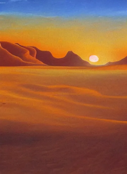 Image similar to high detailed oil painting of sunrise in desert painted by salvador dali