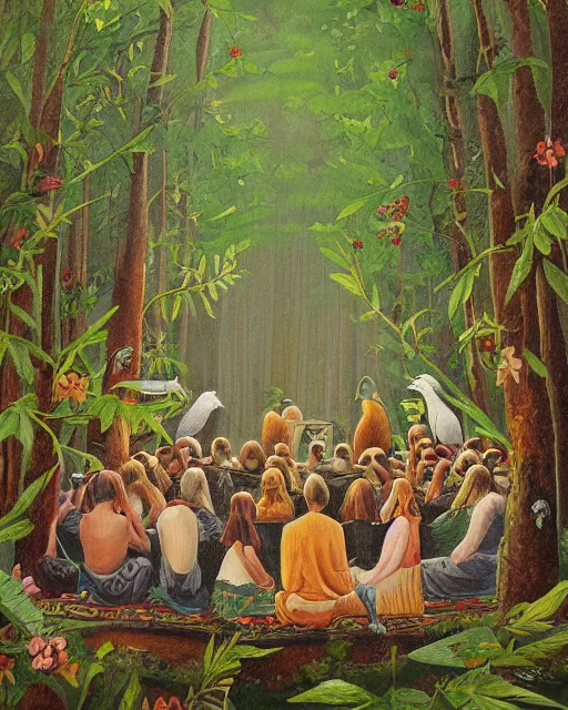 Image similar to a detailed relistic painting of a bird conference in the middle of a forest, an oil painting by benito quinquela martin, behance contest winner, american scene painting, sharp detail, behance contest winner, metaphysical painting, concert poster, poster art