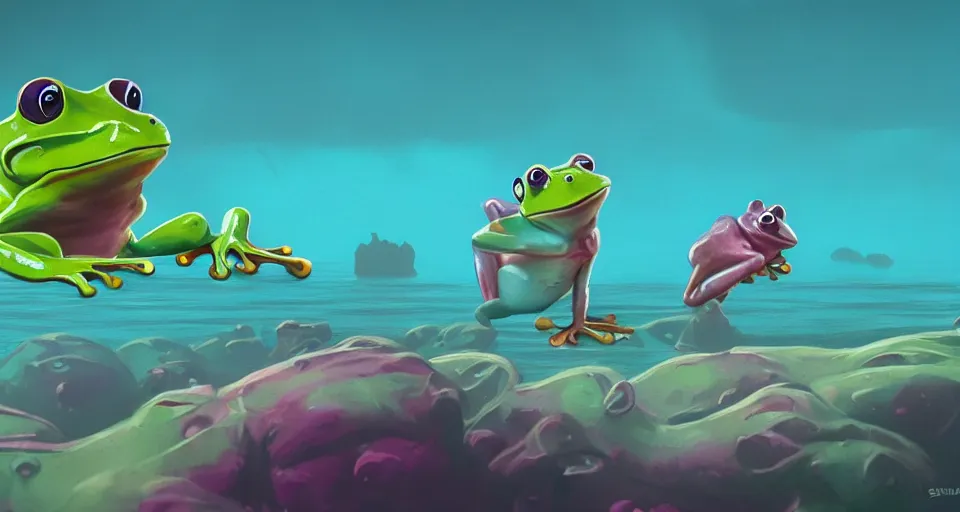 Image similar to hyper realistic cute frogs everywhere are swimming under vast sea, by simon stalenhag,, high fantasy, cgsociety, cheerful colours, full length, exquisite detail, post - processing, masterpiece, cinematic, 4 k, 8 k