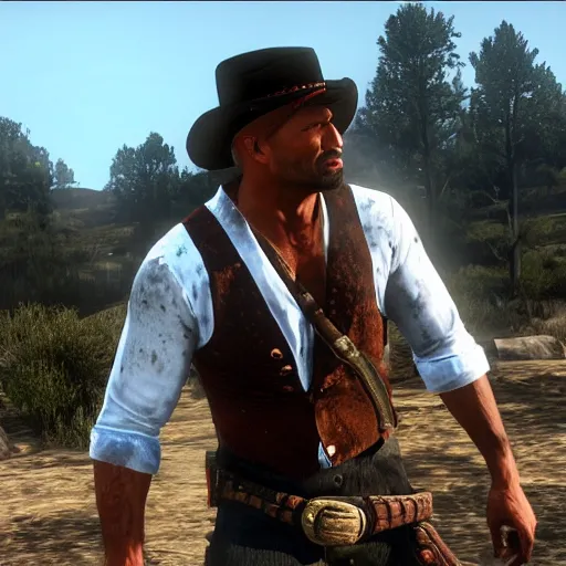Image similar to dwayne the rock johnson as red dead redemption screenshot from red dead redemption