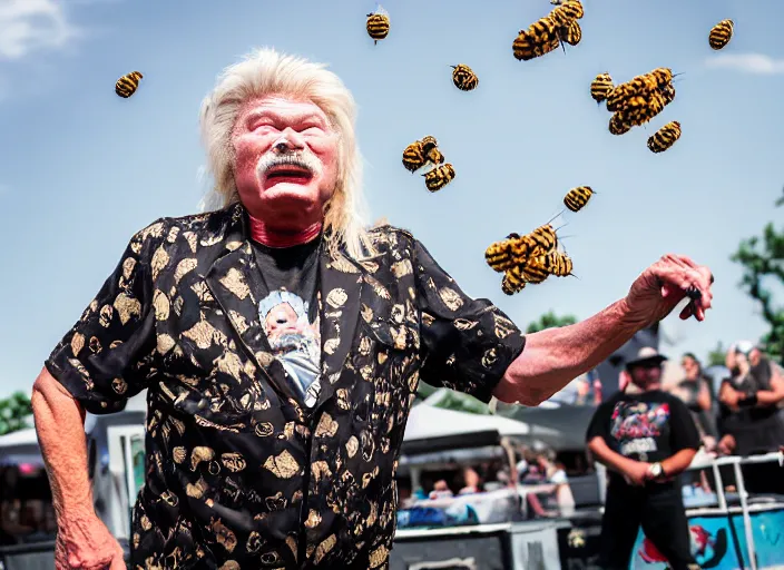 Image similar to photo still of rip taylor at vans warped tour!!!!!!!! at age 6 3 years old 6 3 years of age!!!!!!! throwing bees at a crowd, 8 k, 8 5 mm f 1. 8, studio lighting, rim light, right side key light