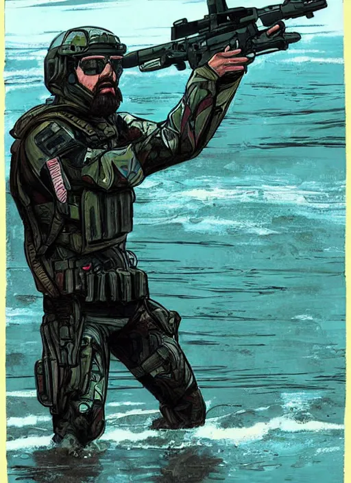 Image similar to Hector. USN blackops operator emerging from water at the shoreline. Operator wearing Futuristic wetsuit and looking at an abandoned shipyard. Frogtrooper. rb6s, MGS, and splinter cell Concept art by James Gurney, Alphonso Mucha. Vivid color scheme.