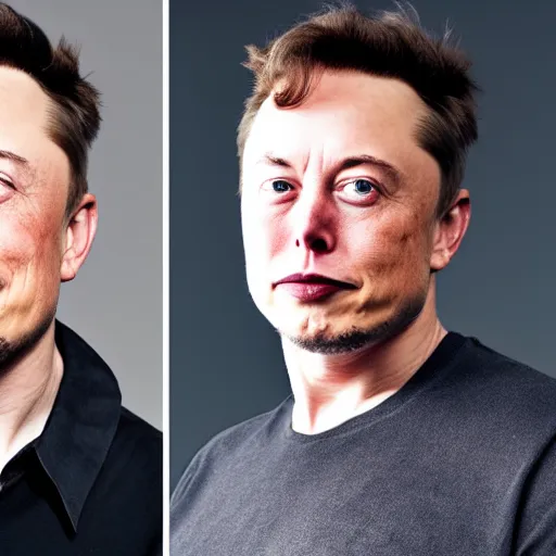 Image similar to A portrait photo of Elon Musk teams up with a teenage Elon Musk, perfect faces, 50 mm, award winning photography