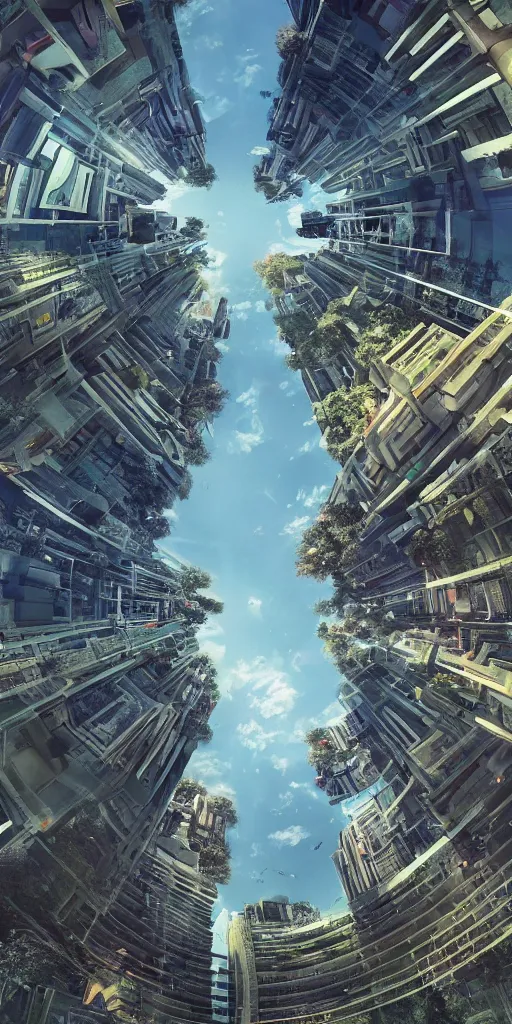 Image similar to Bustling photorealistic!!! utopian city reimagined by Max Hay, inverted fisheye lens!!!, eyelevel!!! view!!! photography, trending on artstation, 4k, 8k, lens distortion, chromatic aberration, soft focus blur, photorealistic imagery, photorealistic details, intricate, highly detailed, artstation 3d, artstation render, artstation 3d render, 3d art, unreal engine 3d, octane 3d, blender 3d, 3d landscape