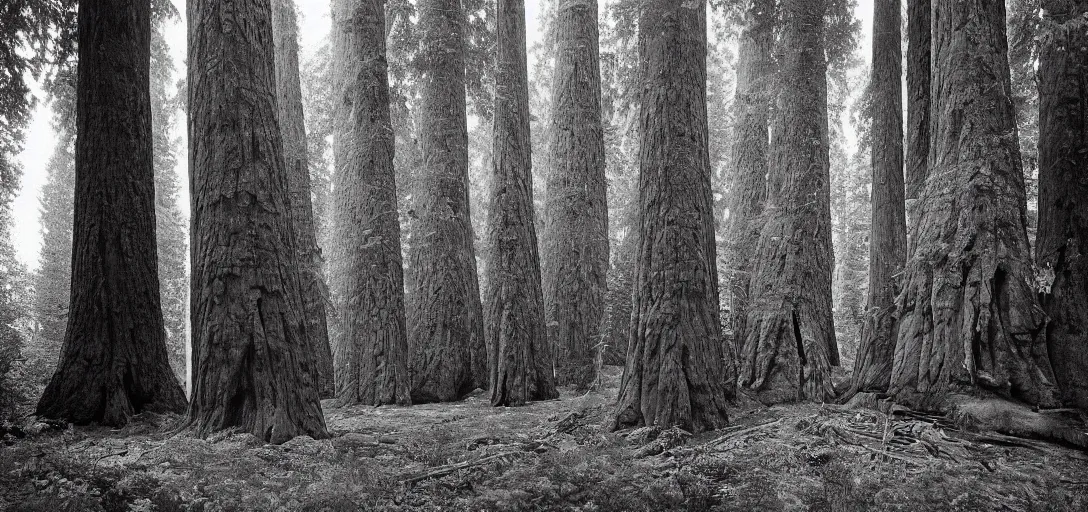 Image similar to house built into and inside a single giant sequoia surrounded by grove of dead birches. photograph by jerry uelsmann. fujinon premista 1 9 - 4 5 mm t 2. 9. portra 8 0 0.