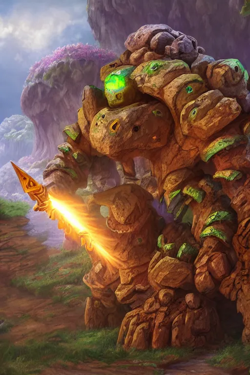 Image similar to zelda fantasy art giant golem troll wood rock greeble gemstone, global illumination ray tracing hdr fanart arstation by sung choi and eric pfeiffer and gabriel garza and casper konefal