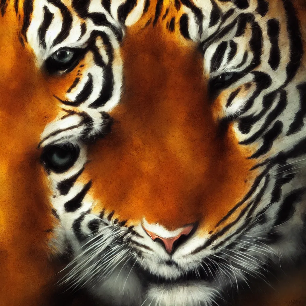 Prompt: close up profile of a menacing tiger, alphons mucha, rhads, ross tran, artstation, artgem
