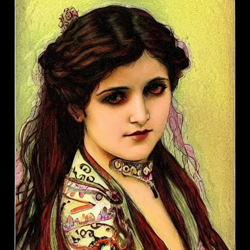 Image similar to gypsy girl, dark hair, art nouveau, jugendstil