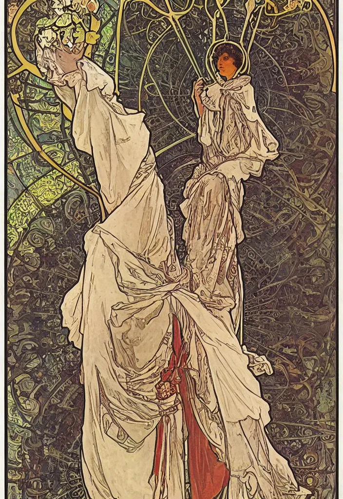 Image similar to Geoffrey Hinton as The Hierophant on a tarot card, tarot in art style by Alphonse Mucha