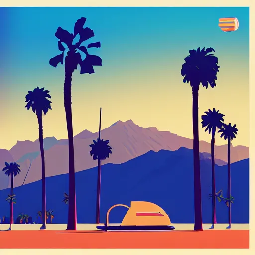 Image similar to a beautiful illustration of palm springs by James gilleard, artstation HD, geometric lines, olive and tangerine colors, HD, 4k, 8k