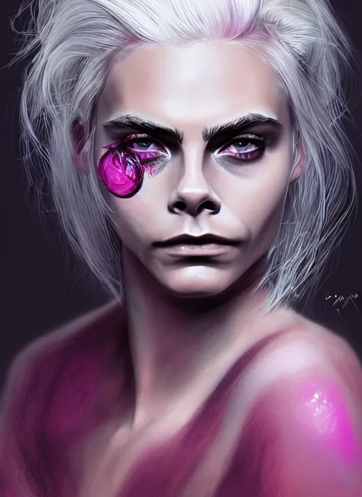Image similar to Cara Delevigne, white hair, magenta shirt, gentle smile, beautiful detailed eyes, dirty, fantasy, intricate, rough, highly detailed, digital painting, 4k, HDR, concept art, detailed jewelry, smooth, sharp focus, illustration