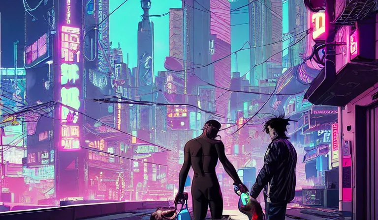 Prompt: cyborg feeding electric pigeons in front of a neon church, cyberpunk, neon noir, by Josan Gonzalez and Tomer Hanuka and Geof Darrow and Brad Rigney and Greg Rutkowski and Moebius,highly detailed, James Dean as a cyborg, UHD, 8K, Ghost in the shell, Blade Runner, wet street, Trending on artstation, bokh, dof