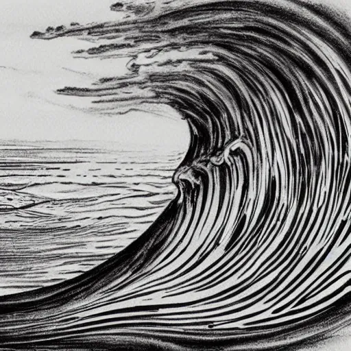 Image similar to an beautiful painting of one single hawaiian wave painted by albrecht durer, monochromatic color scheme, high detail, breathtaking wave, lineart!, line art, soft colors, simplicity, charcoal drawing