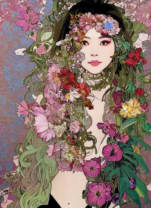 Image similar to !!! very coherent!!! oil painting, beautiful floralpunk bangkok cyborg portrait girl female illustration detailed patterns art of thai traditional dress, flower pop art, floral splash painting, art by ashley wood, alphonse mucha, makoto shinkai, geof darrow, dark shadow