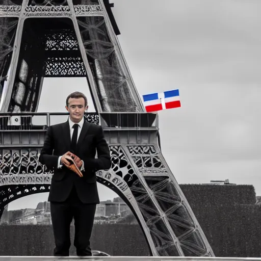 Image similar to Still of a James Bond movie starring Emmanuel Macron as James Bond. Emmanuel Macron holds a Beretta, a baguette and a French flag in front of the Eiffel Tower. Nikon, sigma 1/6, 50 mm