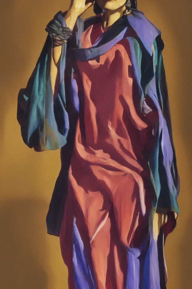 Image similar to sfumato renaissance oil painting of a modern shaman, modern minimal isei miyake outfit, in the style of lara jade, syd mead, concept art