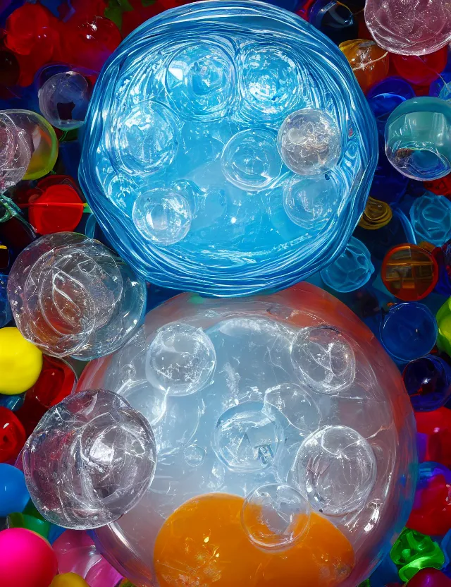 Image similar to a well - lit studio photograph of a clear bowl of water with various plastic toys floating in it, some smooth, some wrinkled, some long, some spherical, various sizes, textures, and transparencies, beautiful, smooth, detailed, inticate