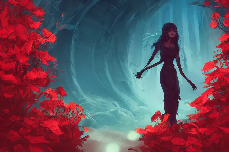 Prompt: comic artwork cover by lois van baarle of broken arches leading to the pillars of eternity draped with red flowers and vines, blue sky, lens flare, a sense of mystery, cinematic, ultra detailed, intricate, sharp focus, trending on artstation, 8K