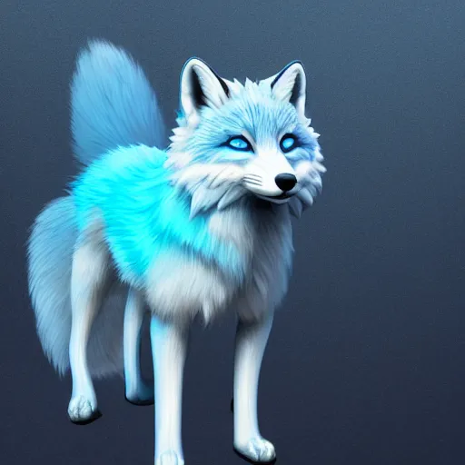 Prompt: digital light blue and white fox, retrowave palette, digital world, highly detailed, electric breeze, anatomically correct vulpine, synth feel, fluffy face, ear floof, flowing fur, super realism, accurate animal imagery, 4 k digital art