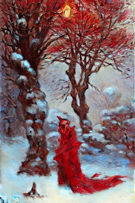 Image similar to winter, one giant red tree, ground covered with snow, extreme long shot, fantasy, painting by gaston bussiere, craig mullins, j. c. leyendecker, trending on artstation