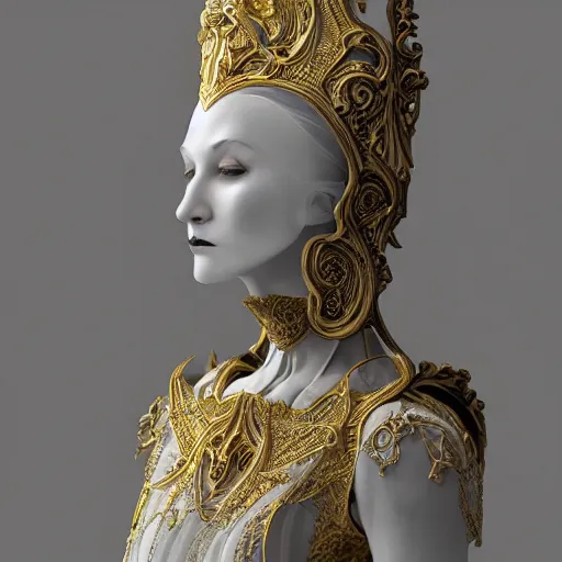 Image similar to vampire, renaissance noble costume, masked, ornate white cotton semi-transparent veils, concept art, cinematic, epic wide shot, artstation, sharp focus, carved white marble female biomechanical sculpture, subtle gold accents, beautifully lit, by Zdzisław Beksiński, hyper detailed, insane details, inticate, elite, ornate, elegant, luxury, dramatic lighting, environmental key art, octane render, weta digital, micro details, structure, ray trace 4k