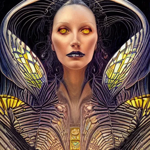 Image similar to beautiful closeup portrait of an art deco witch, glowing eyes. reflective detailed textures, moth wings, highly detailed dark fantasy science fiction painting by michael whelan and diego rivera and annie swynnerton and jean delville, elaborate geometric ornament, ancient runes, silver and cool colors. artstation