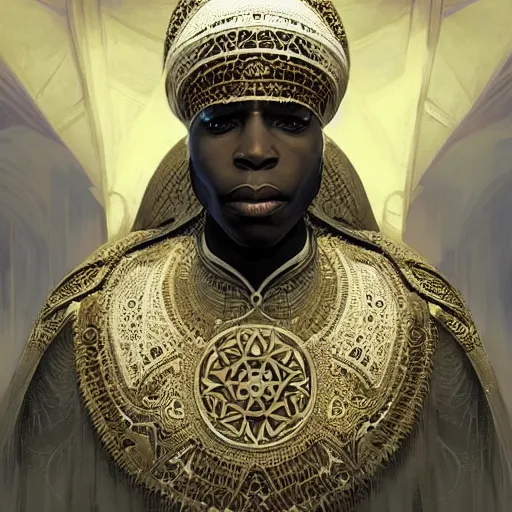 Prompt: symmetry!! an african moor wearing white robes and turban entering the voidspace. ornate, golden, steampunk stargate. front game card. marvel comics. dark. intricate. highly detailed. smooth. artstation. digital illustration by ruan jia, mandy jurgens, artgerm, wayne barlowe, greg rutkowski, and zdislaw beksinsk.