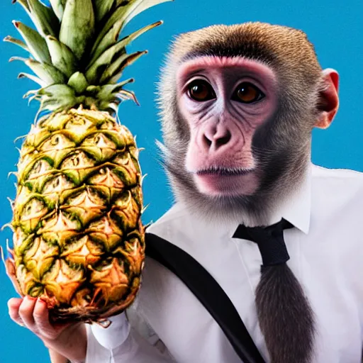 Image similar to a monkey wearing a tie holding a pineapple