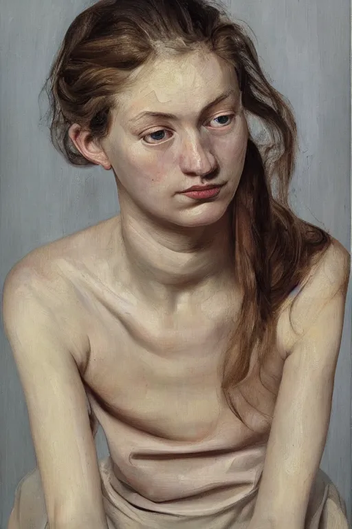 Prompt: high quality high detail oil painting of a young woman by lucian freud, painterly thick brushstrokes, hd, photorealistic lighting