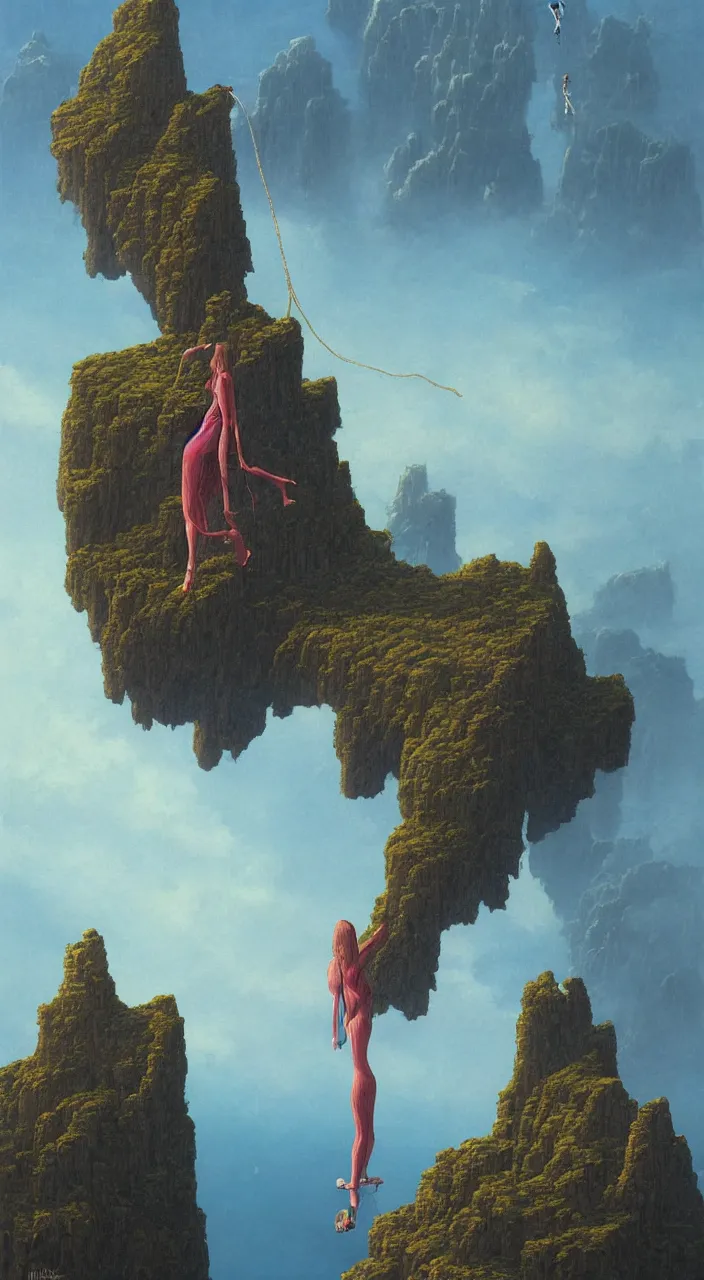 Prompt: a detailed painting of a single woman hanging from the side of a cliff overlooking the end of the world covered in old technology and lost dreams by Studio Ghibli trending on ArtStation Beksinski, Greg Hildebrandt, 8k highly detailed ❤️‍🔥 🔥 💀 🤖 🚀